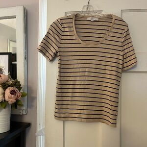 LOFT Tan and Black Striped Short Sleeve Tee